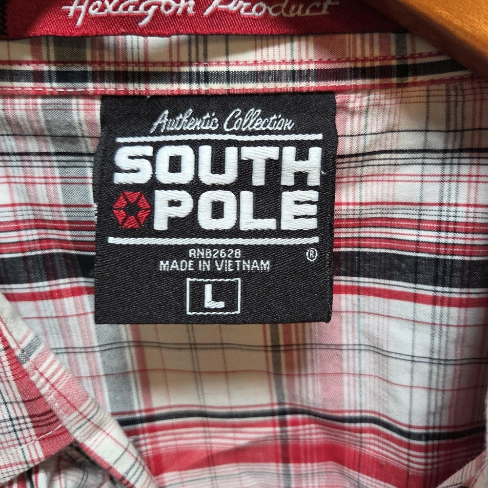 Southpole Shirt Mens Large Red Plaid Short Sleeve Button Up Woven Cotton Casual - Picture 4 of 7